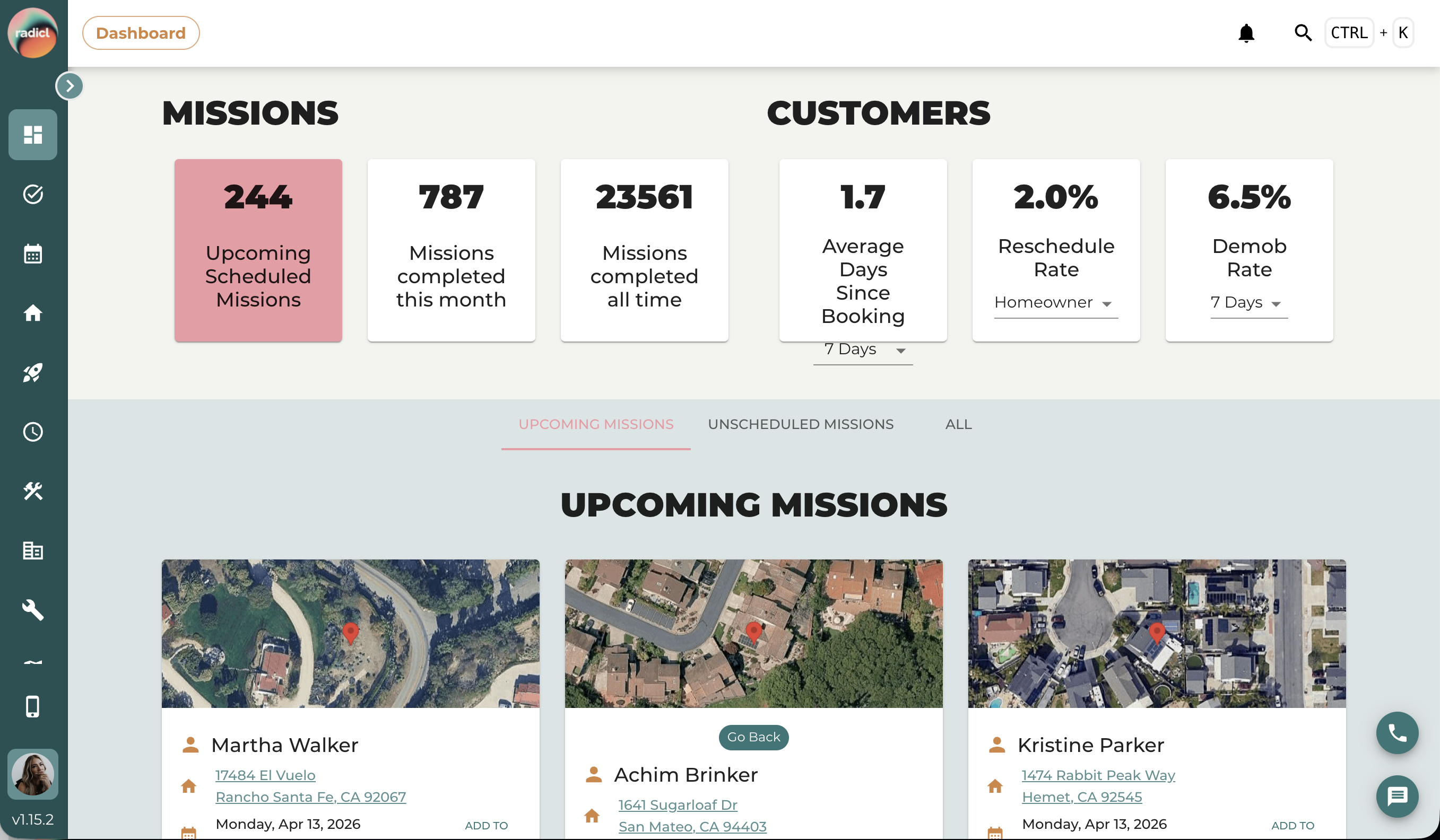 Radicl admin dashboard showing mission metrics and upcoming field operations